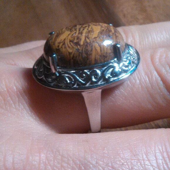 Script Stone Jasper Solitaire Stainless Steel Ring (Size 9) - Picture 9 of 13